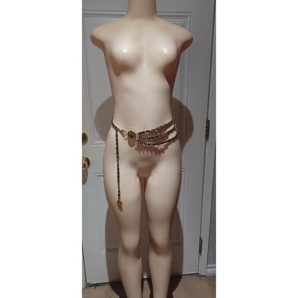 CHANEL VINTAGE Rue 31 Cambon Gold Chain Tri-Belt. Black Leather. - Picture 2 of 11
